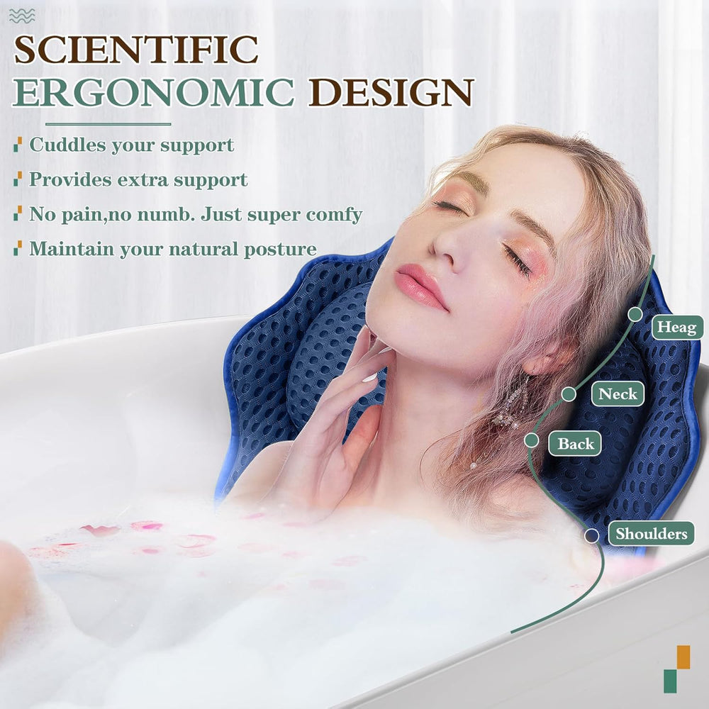 RUVINCE ergonomic headrest supports the neck for a relaxed bath experience.