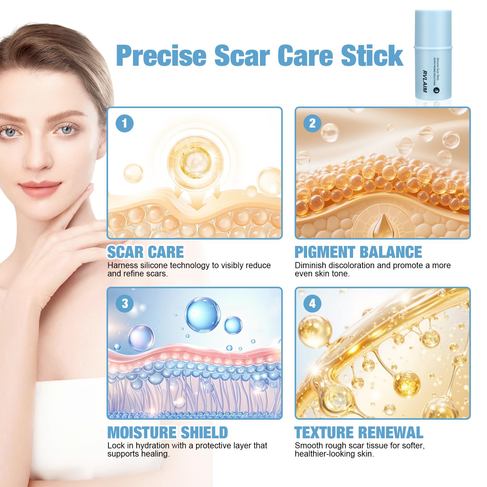 Rvlaim silicone scar stick stretch-marks-care demonstrates targeted application.