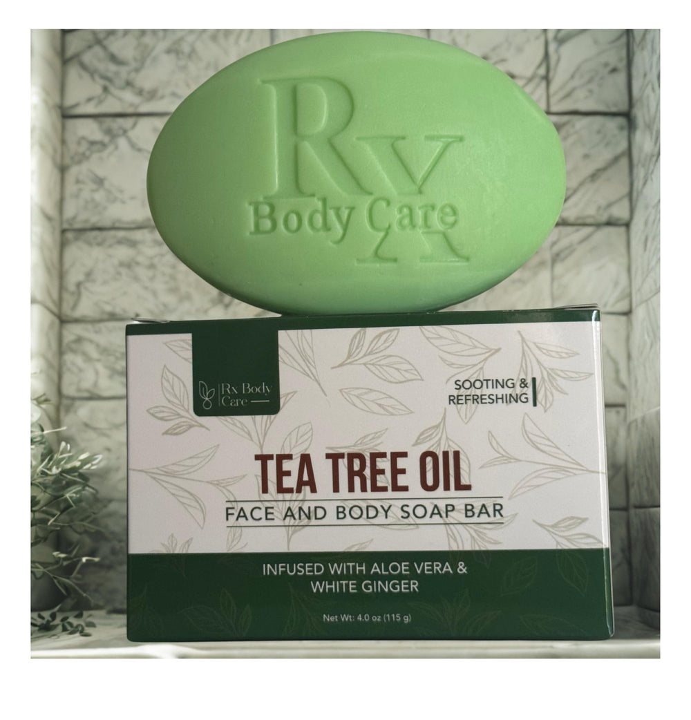 RX Body Care Tea Tree Bar cooling sensation from peppermint and eucalyptus.