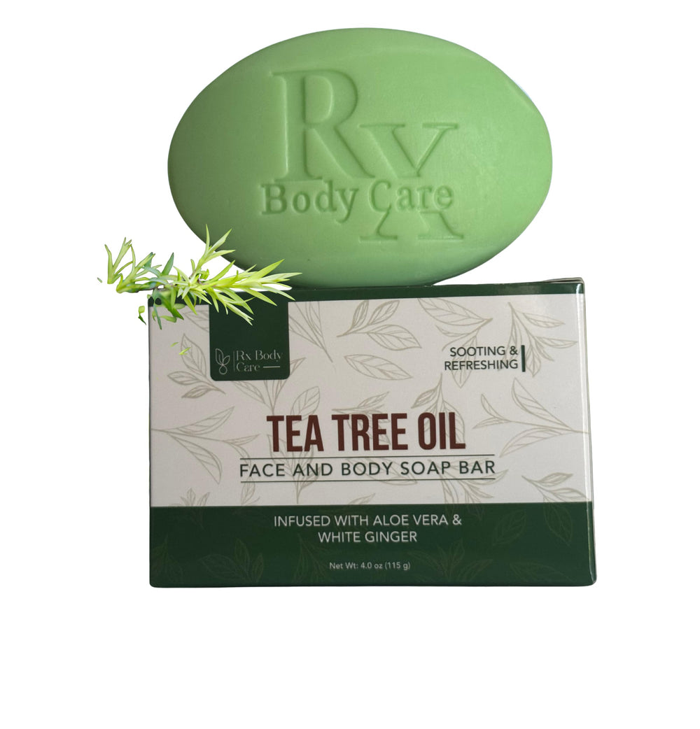 RX Body Care Tea Tree Bar packaging showcases clean design and versatile all-skin-use.
