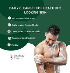 RX Body Care Tea Tree Bar on shower shelf shows compact 4 oz size.