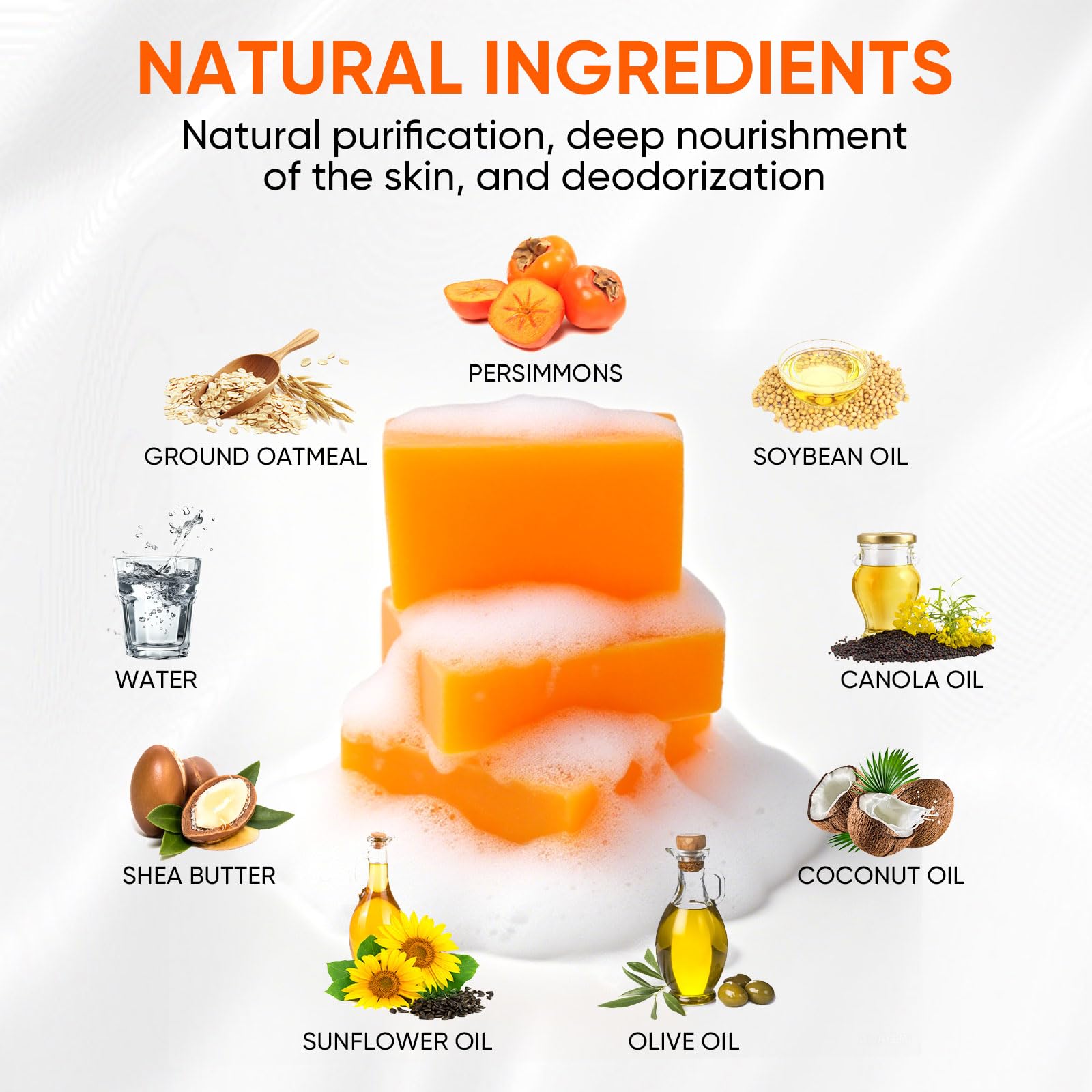 RYH Persimmon soap bar closeup texture reveals creamy lather and gentle cleansing.