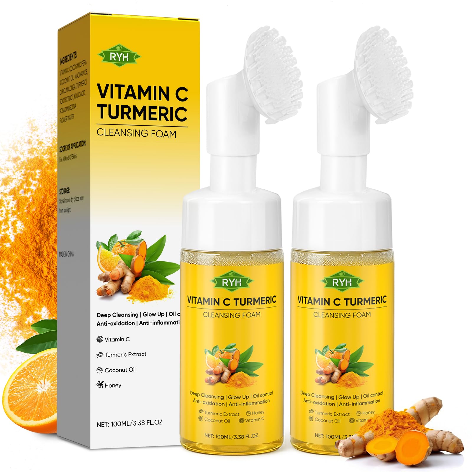 RYH turmeric face wash bottle with foam for a radiant-looking complexion.