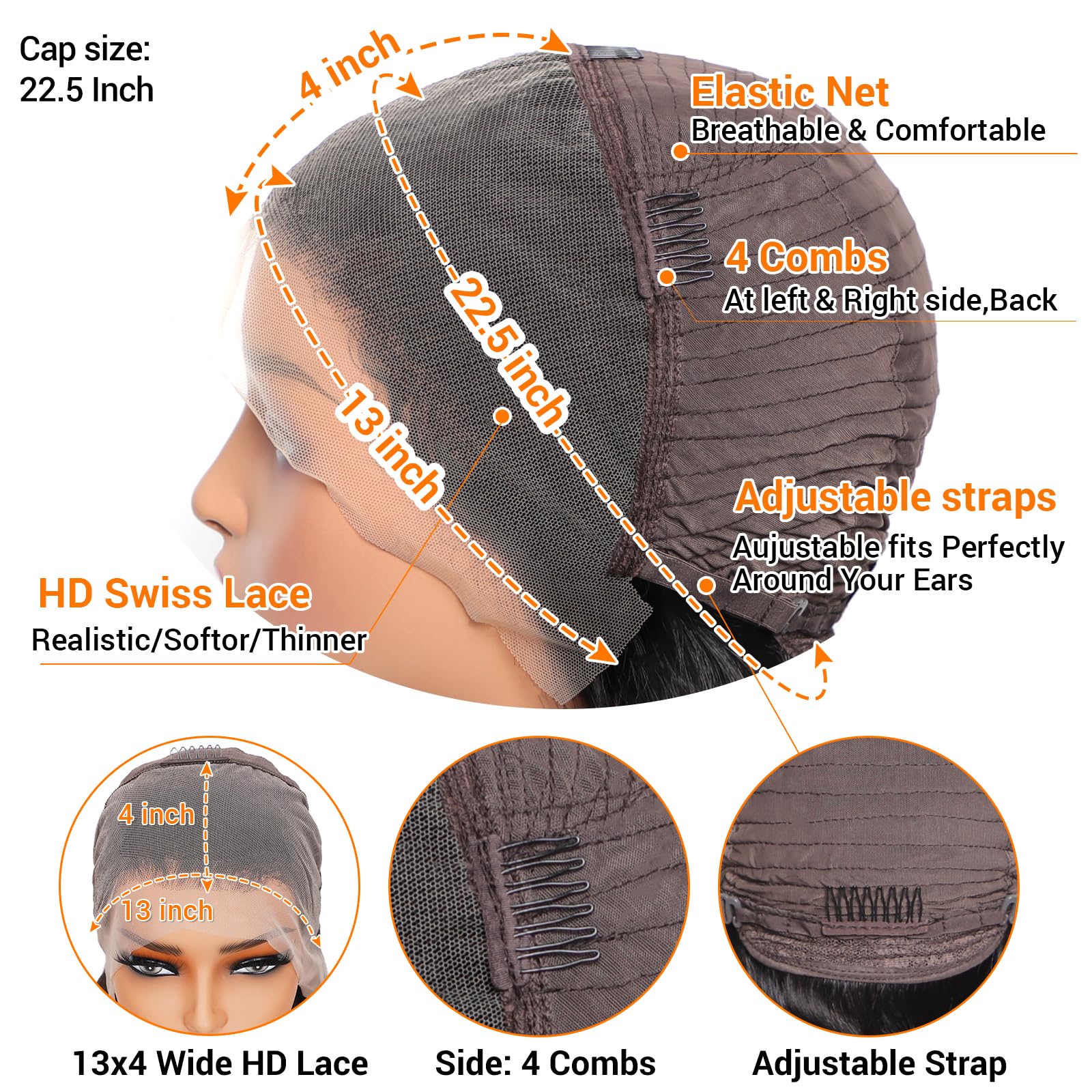 Rylice wig cap interior with adjustable straps and four combs for secure fit