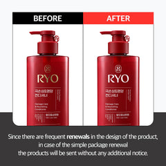 Ryo conditioner label close-up highlighting premium anti-aging technology for hair care.