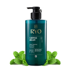 Ryo Deep Cleansing Shampoo bottle highlights ginseng and caffeine for a refreshed scalp