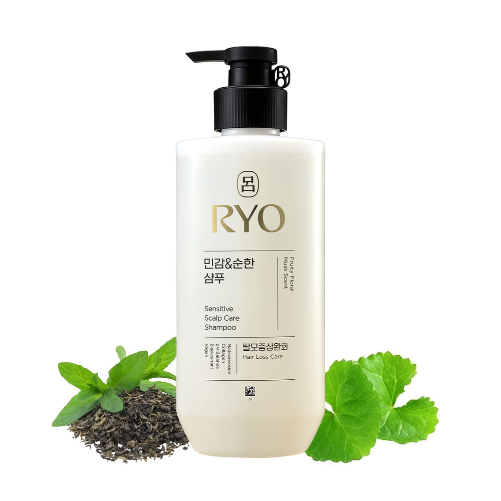 Ryo Sensitive Scalp Care Shampoo bottle shown for soothing sensitive scalps during daily washing.