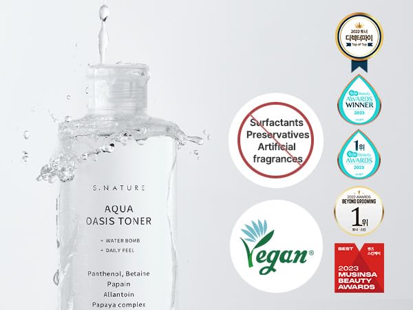 S.NATURE Aqua Oasis Toner bottle on counter suggests daily hydration routine