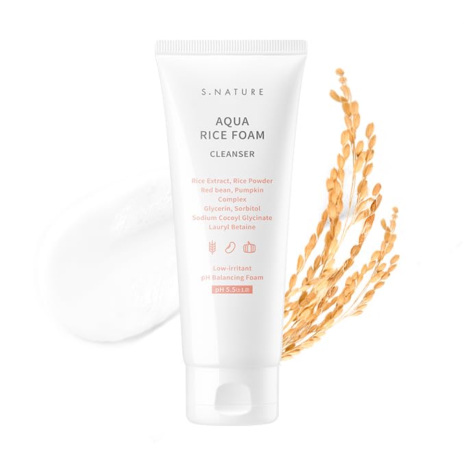 S.NATURE AQUA Rice Foam Cleanser bottle front shows a gentle daily cleanser