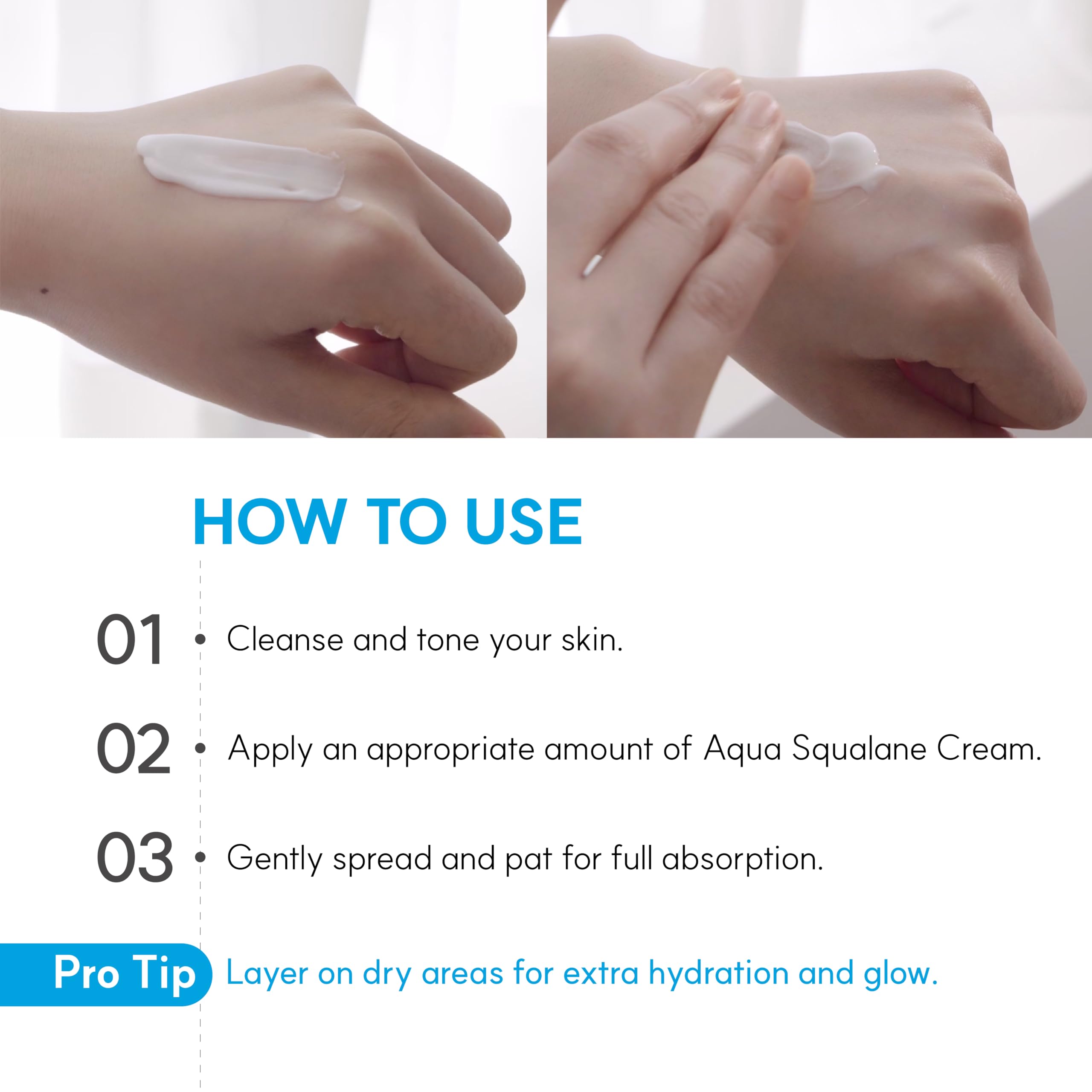S.NATURE Aqua Squalane Cream hand application demonstrates moisture for sensitive skin.