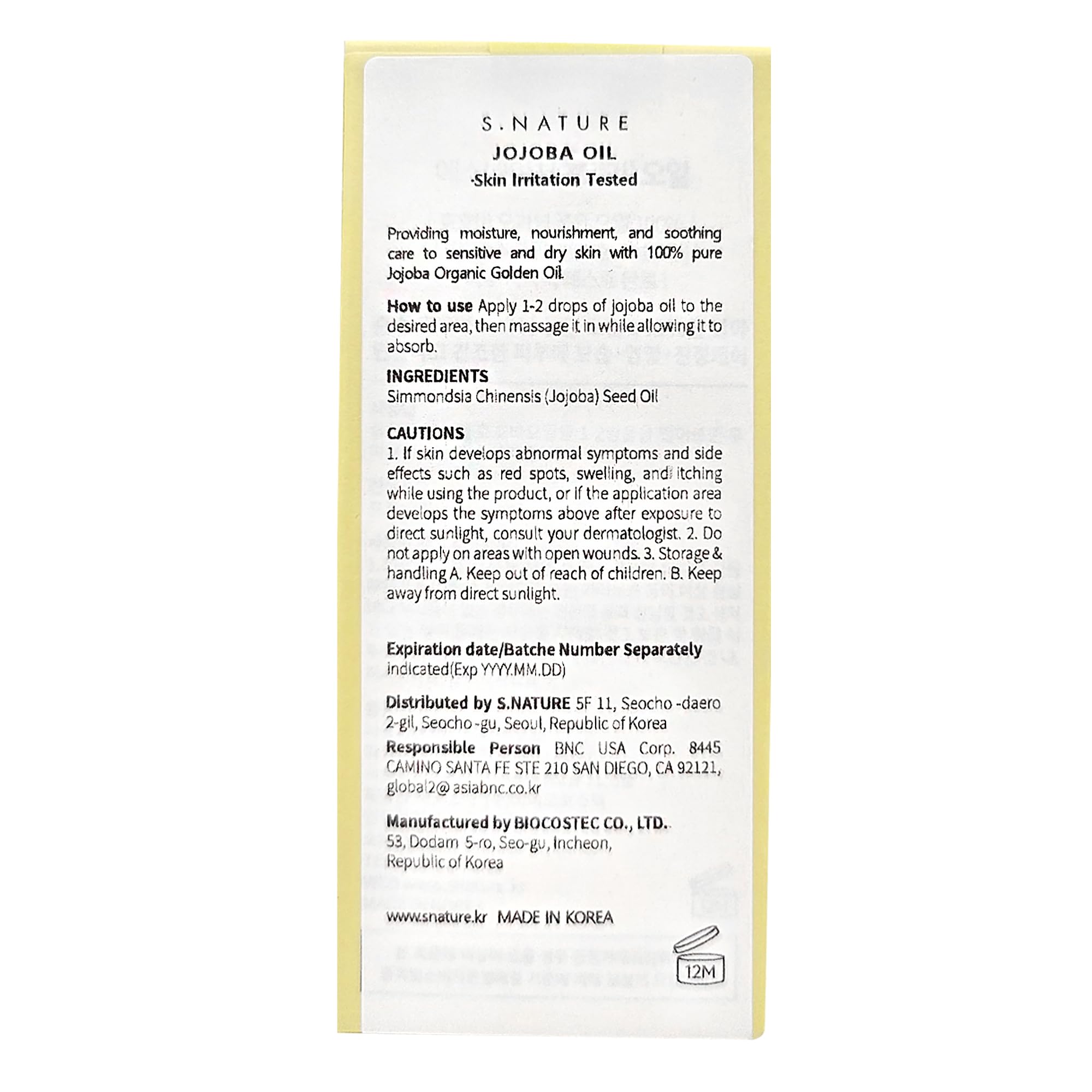 S.NATURE Jojoba Oil 30ml in hand, ready to nourish skin and hair.