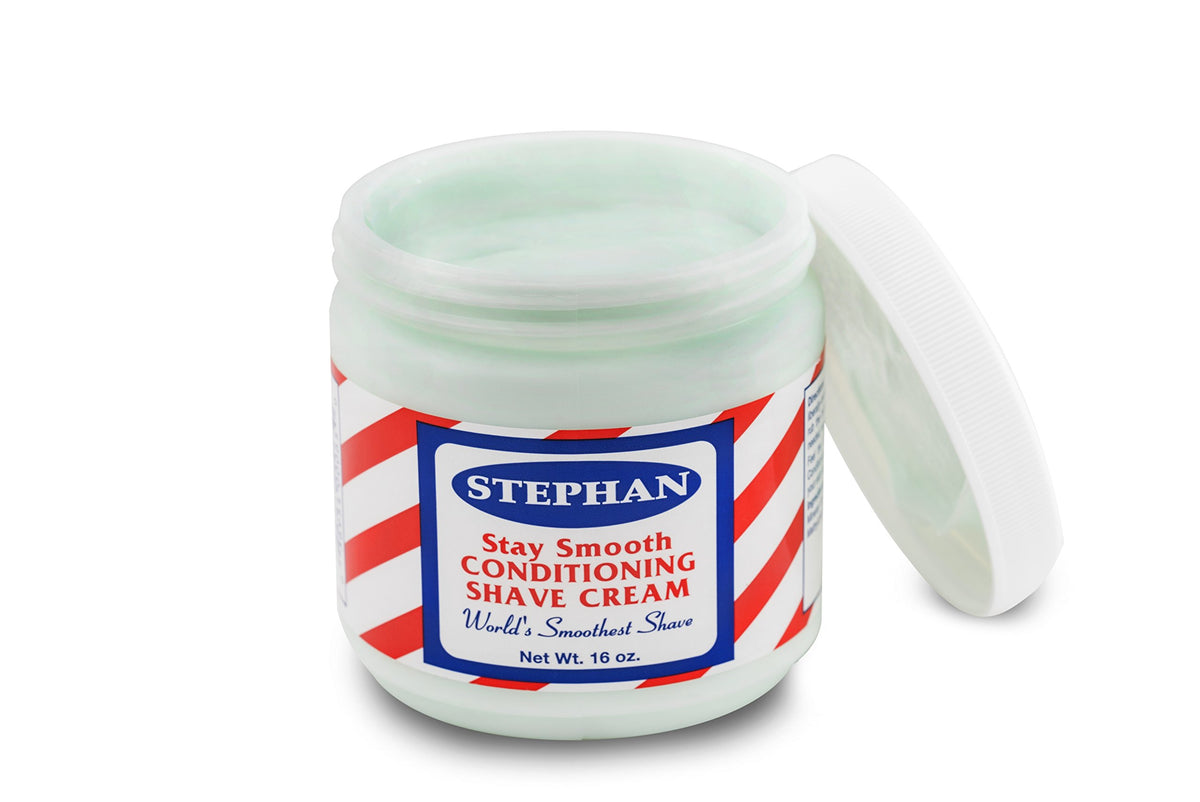 S Stephan's Stay Smooth Conditioning Shave Cream bottle with silky glide for a comfortable shave