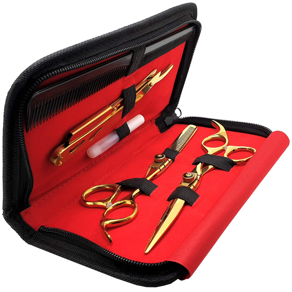 Saaqaans MSS-03 professional haircut scissors set in a gold USA case for precise cuts.