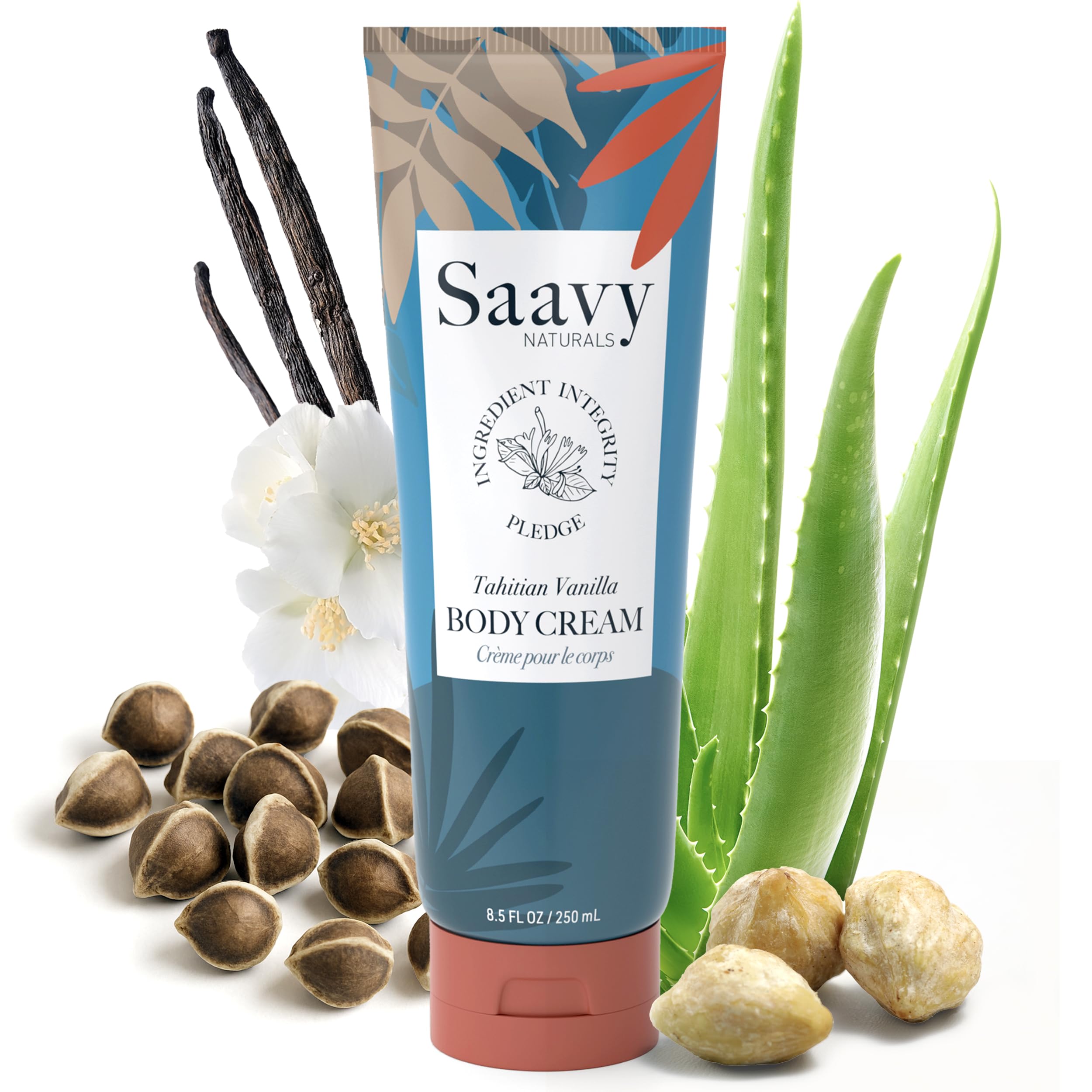 Saavy Naturals Tahitian Vanilla Body Cream packaging highlights premium, clean ingredients.