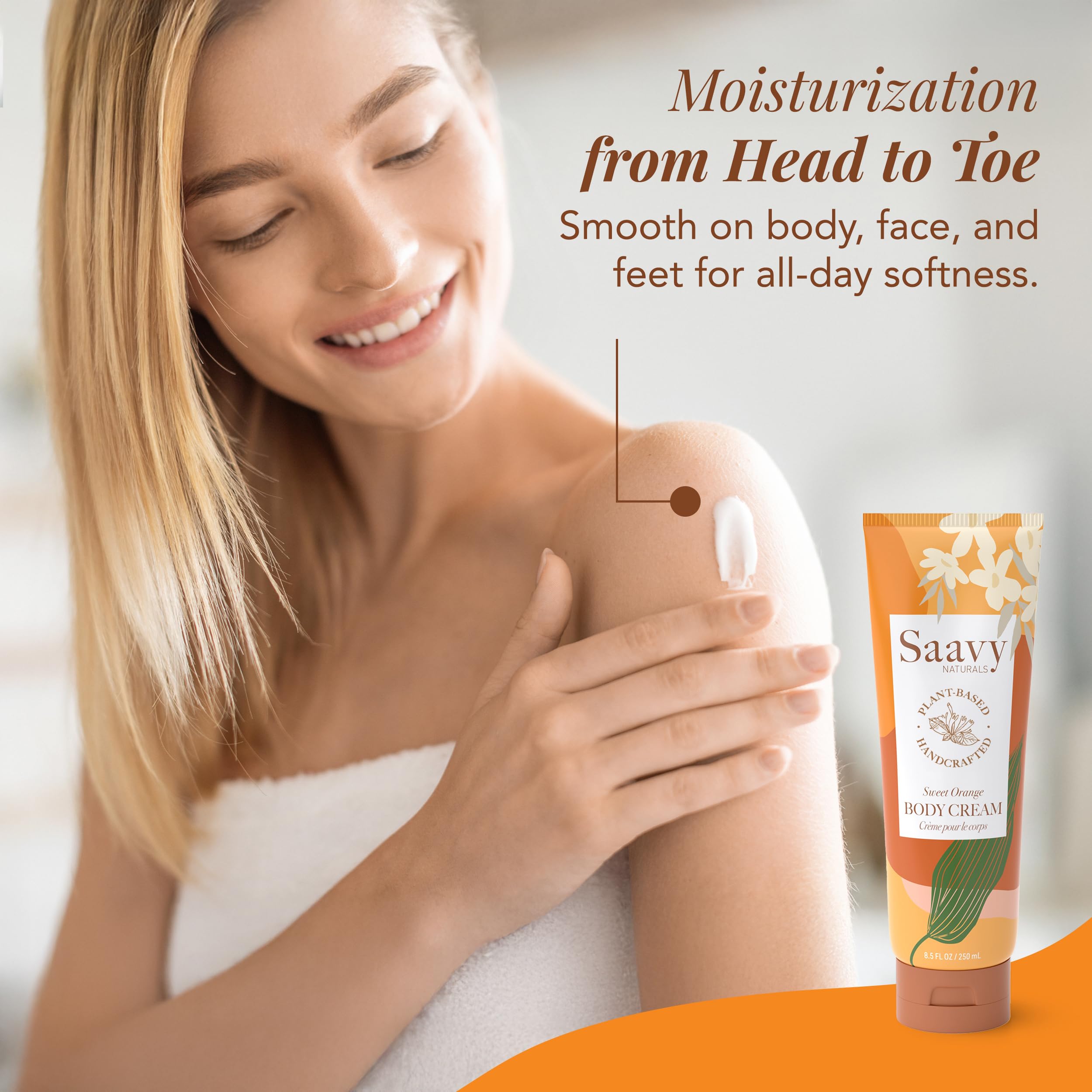 Texture closeup shows creamy formula with shea butter and jojoba oil from Saavy Naturals.