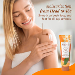 Texture closeup shows creamy formula with shea butter and jojoba oil from Saavy Naturals.