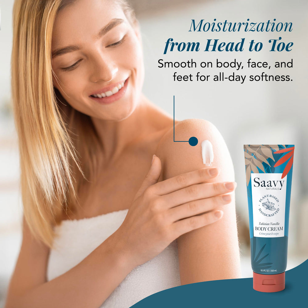 Saavy Naturals body cream texture close-up shows thick, non-greasy hydration.