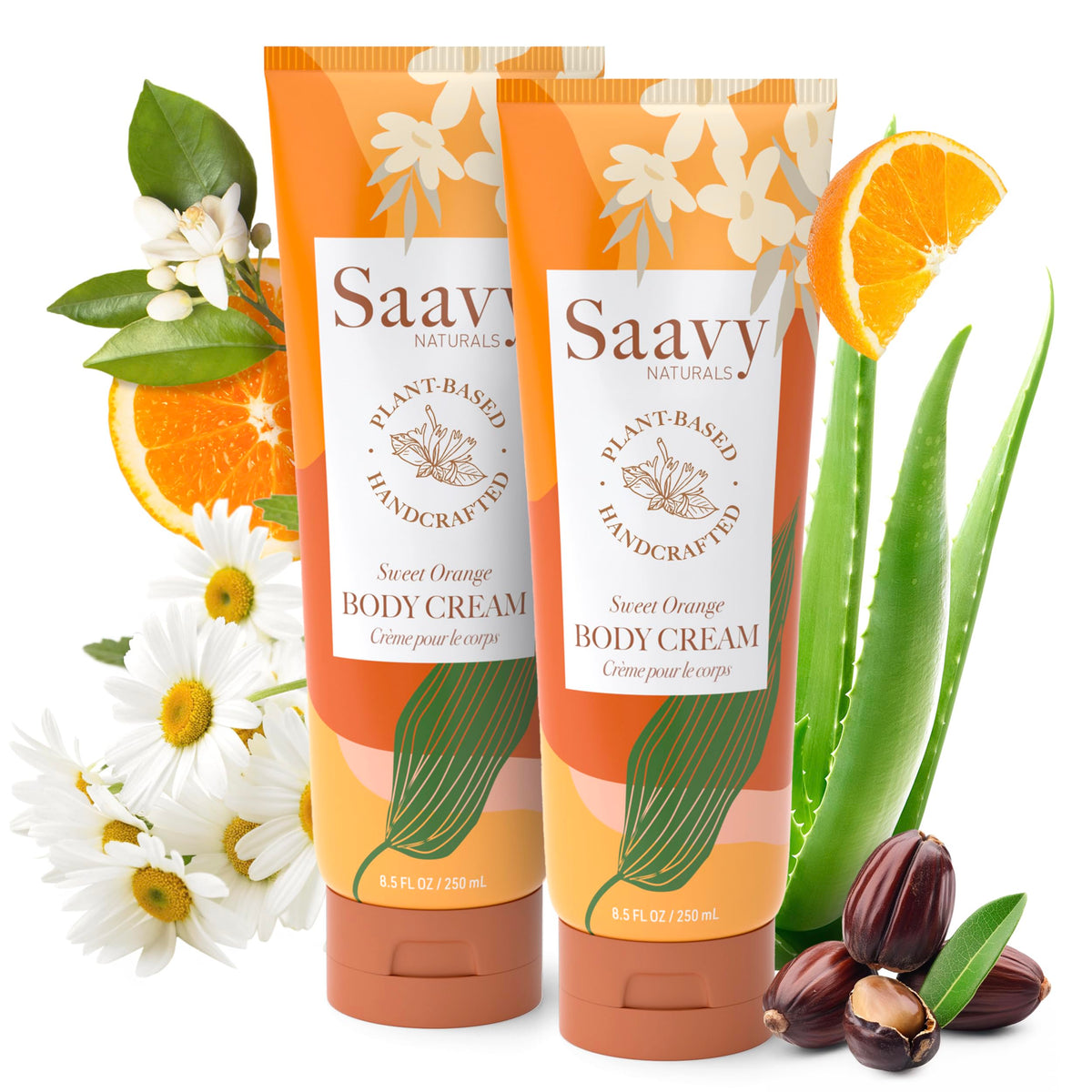 Saavy Naturals Deeply Hydrating Body Cream Sweet Orange jar delivers rich moisture for dry skin.