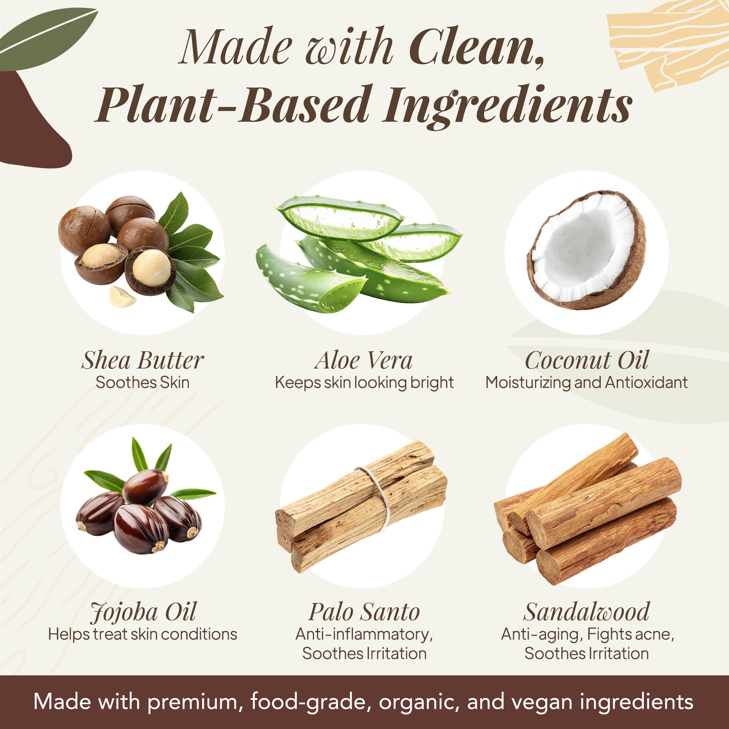 Saavy Naturals ingredients: organic shea, jojoba, coconut oil for smooth, non-greasy absorption.