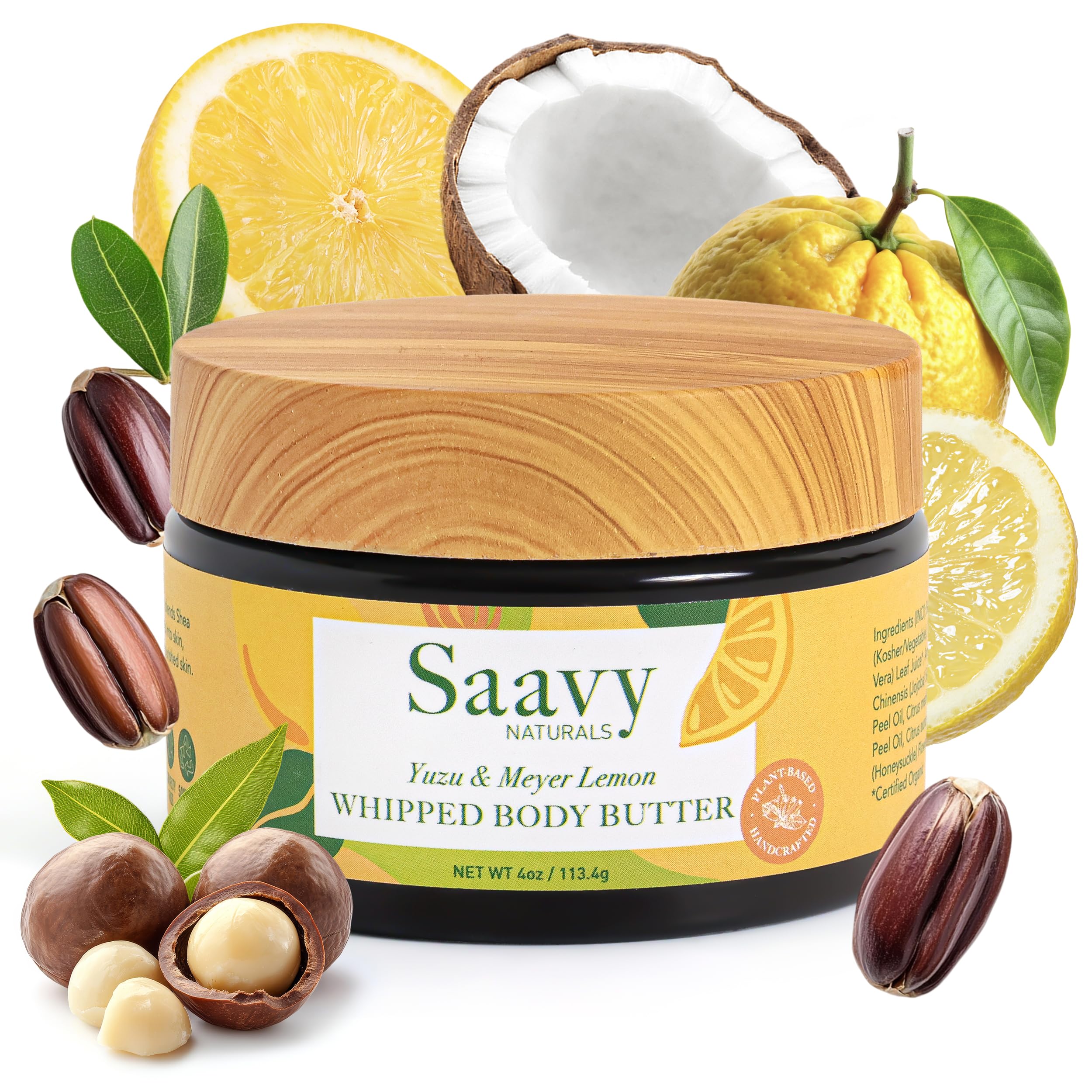 Saavy Naturals Whipped Body Butter in a 4 oz jar highlights velvety texture and deep hydration.