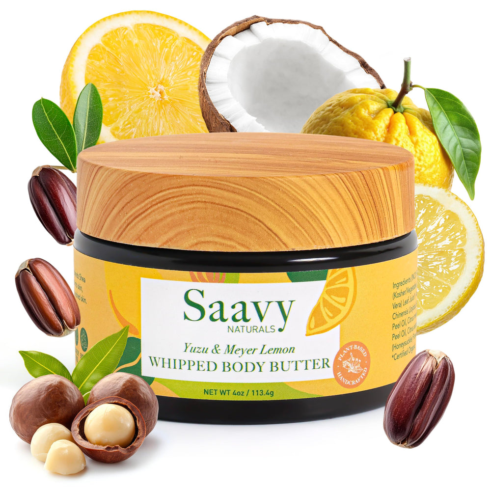 Saavy Naturals Whipped Body Butter in a 4 oz jar highlights velvety texture and deep hydration.