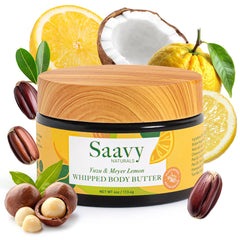 Saavy Naturals Whipped Body Butter in a 4 oz jar highlights velvety texture and deep hydration.