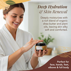 Saavy Naturals whipped body butter jar closeup highlighting rich organic shea formula for nourished skin.