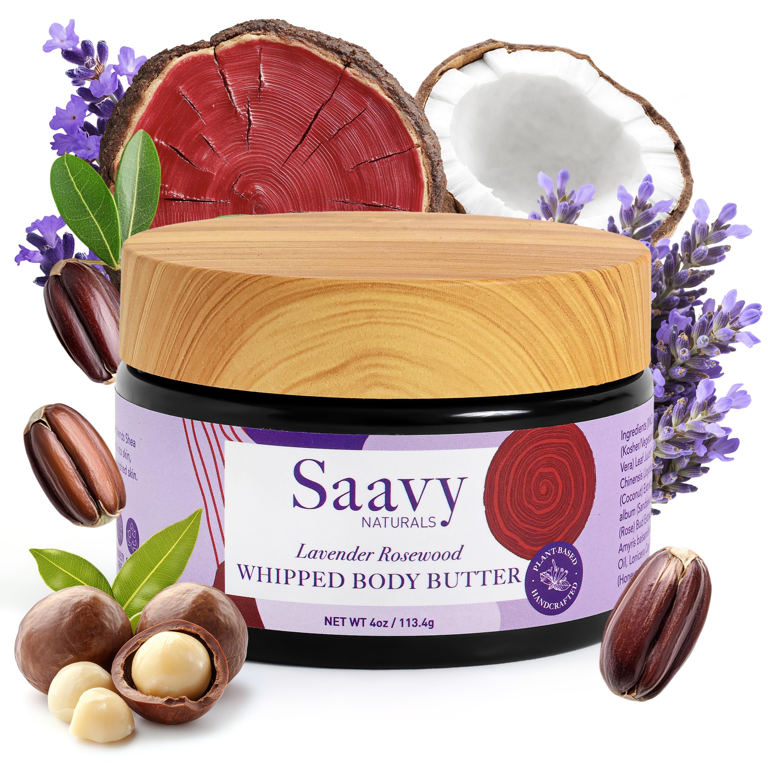 Saavy Naturals Whipped Body Butter Lavender Rosewood jar, rich moisture and silky finish