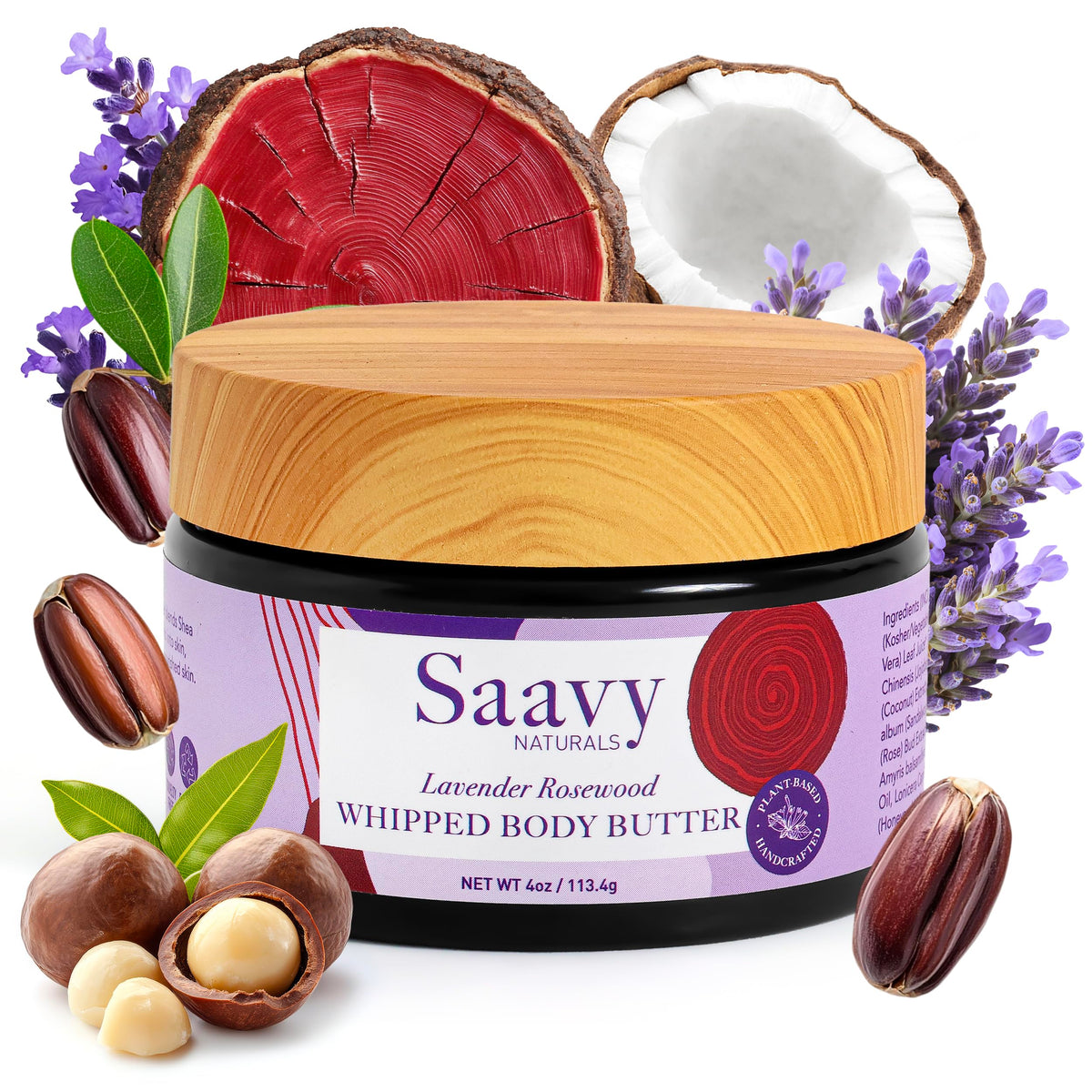 Saavy Naturals Whipped Body Butter Lavender Rosewood jar, rich moisture and silky finish