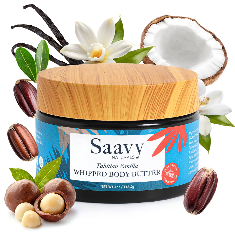 Saavy Naturals whipped body butter Tahitian Vanilla jar – deep hydration.