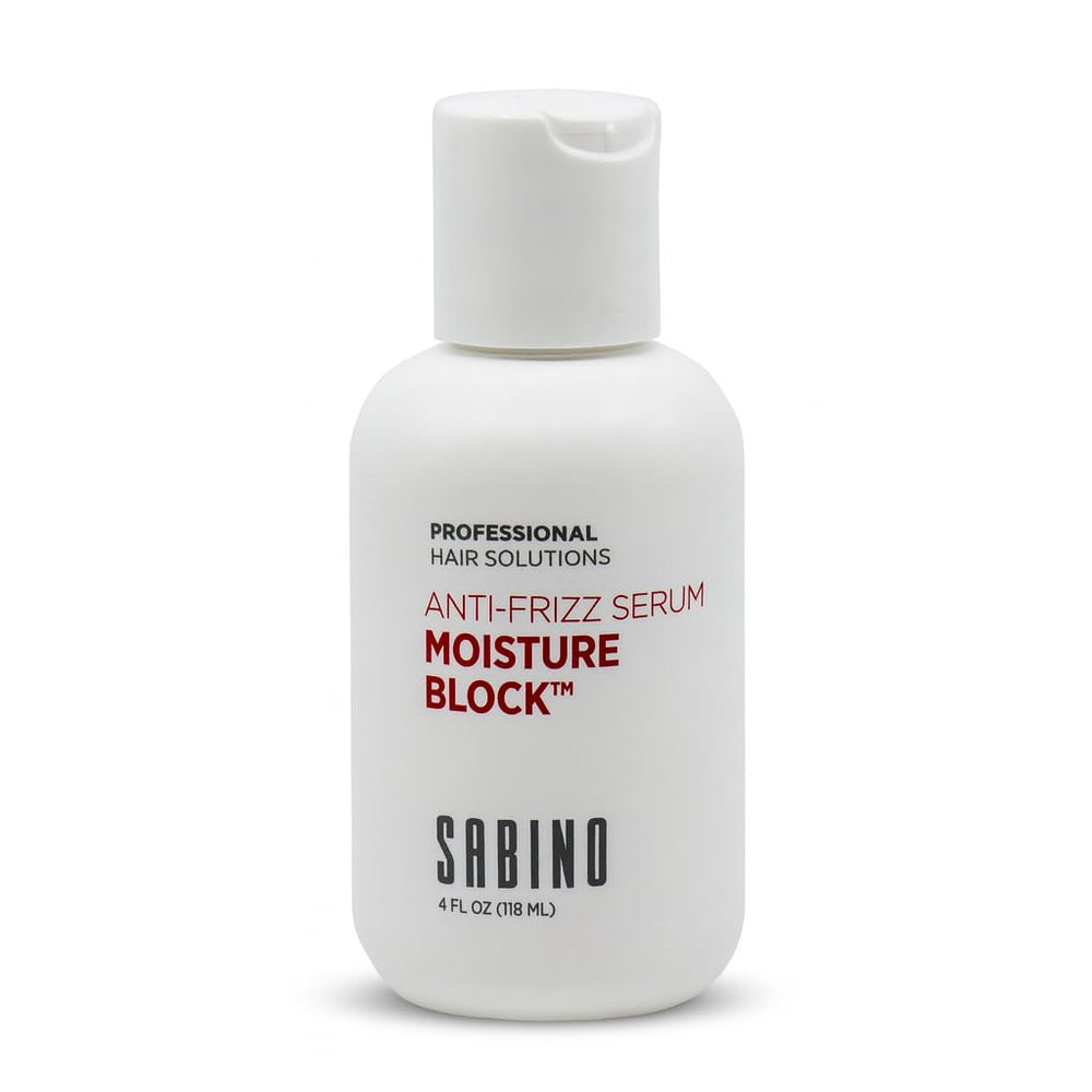 Sabino Moisture Block serum bottle pour for smooth frizz control and shine.