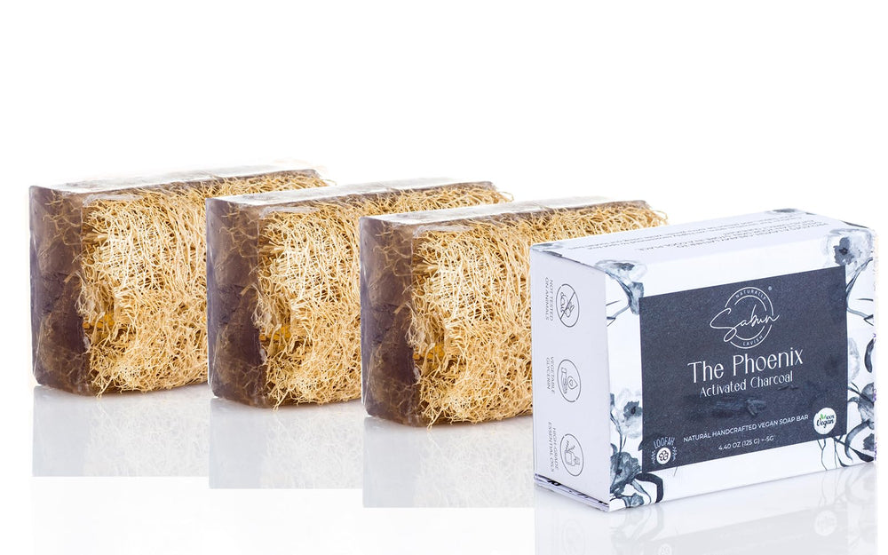 SABUN NATURALLY LAVISH activated charcoal loofah soap bar for exfoliation and cleansing