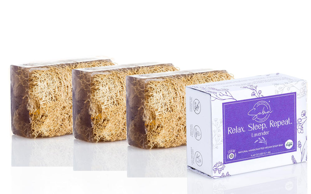 SABUN NATURALLY LAVISH lavender oil loofah soap bar 3-pack hero for gentle body exfoliation.