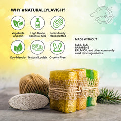 SABUN NATURALLY LAVISH Loofah-infused Pine Tar bar cleansing and gentle exfoliation.