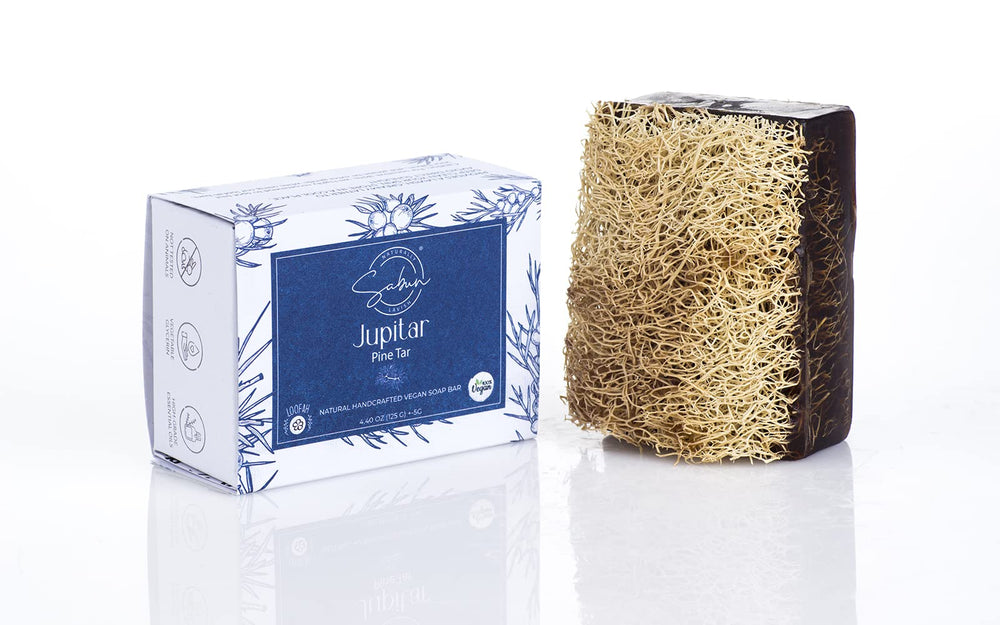 SABUN NATURALLY LAVISH Pine Tar Soap Pack featuring loofah exfoliation.