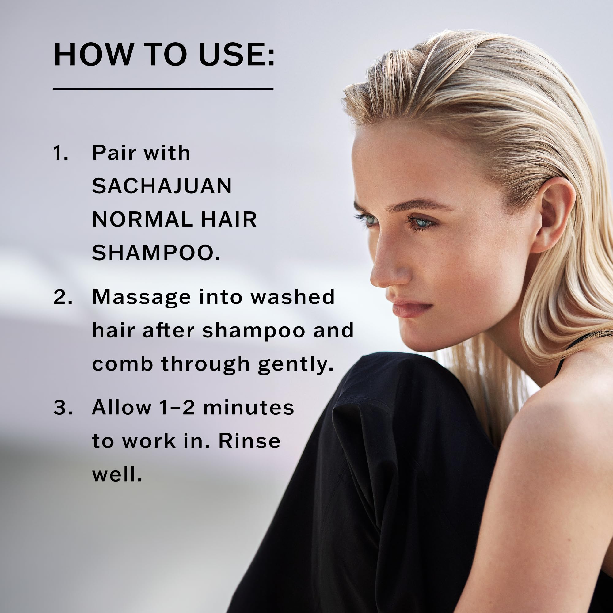 SACHAJUAN conditioner application image showing massage into hair for detangling.