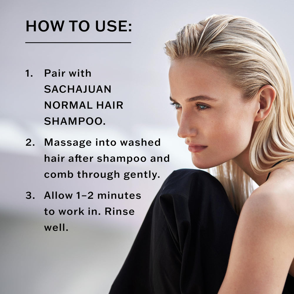 SACHAJUAN conditioner application image showing massage into hair for detangling.