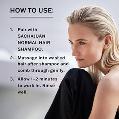 SACHAJUAN conditioner application image showing massage into hair for detangling.