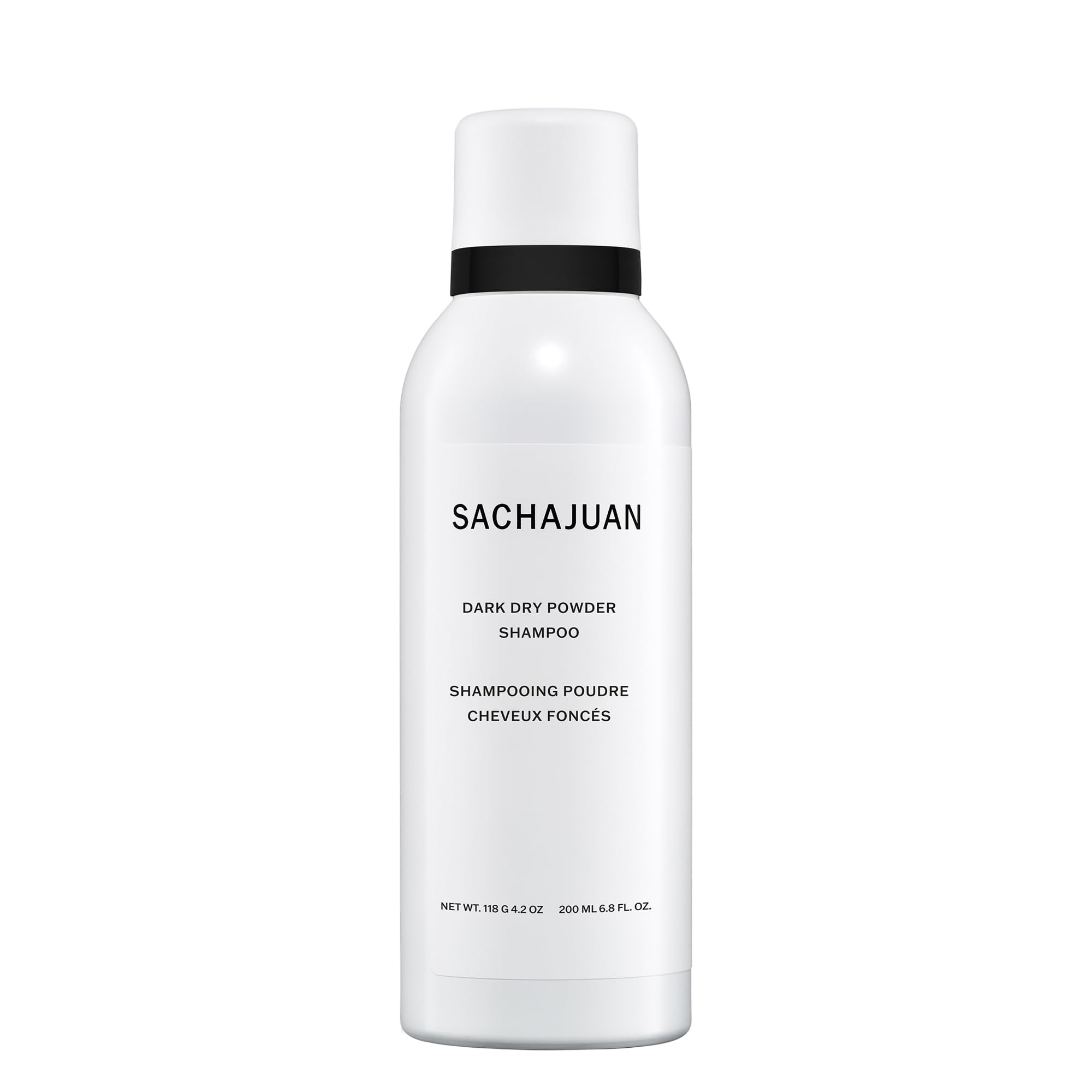 SACHAJUAN Dark Dry Powder Shampoo being sprayed on dry roots for quick refresh.