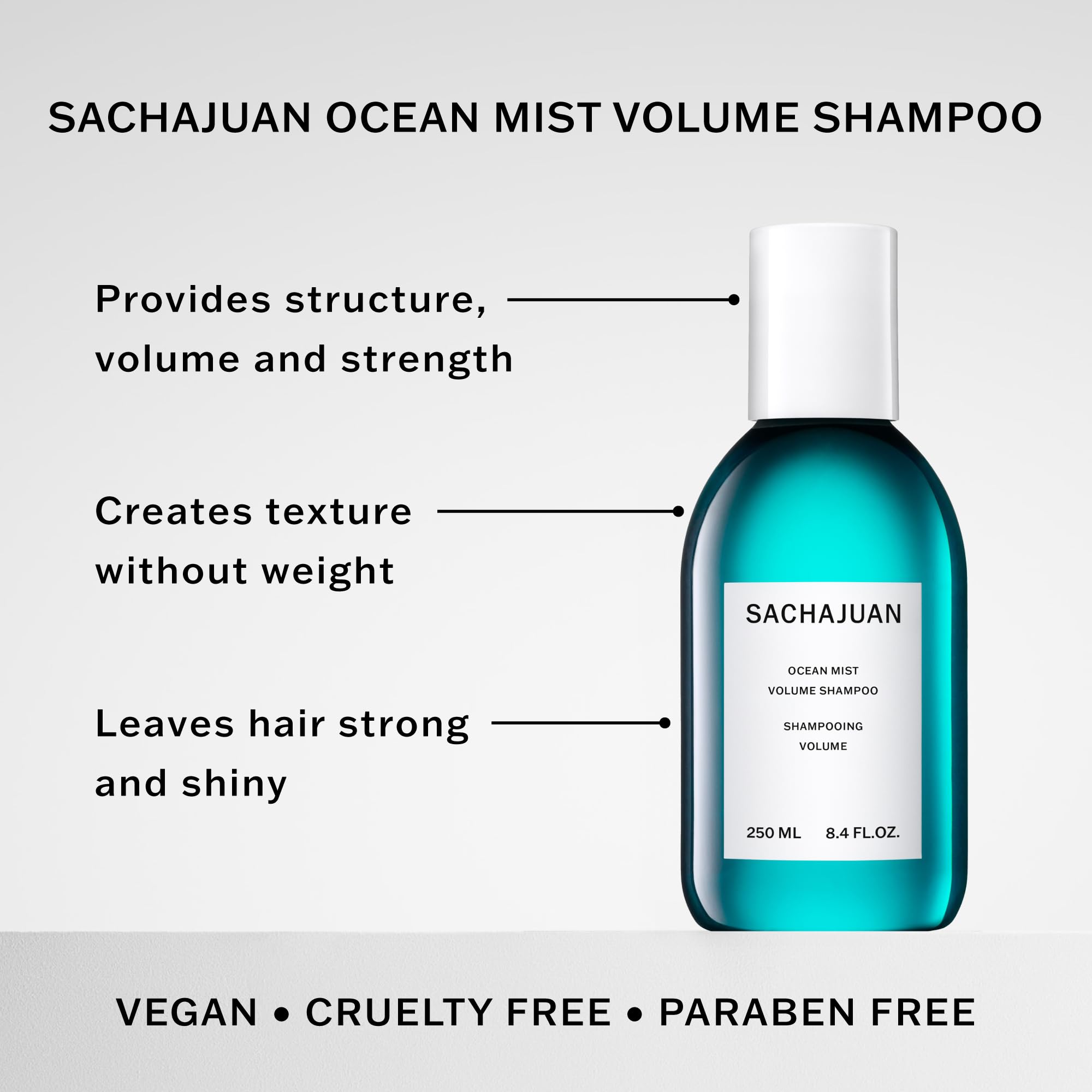 SACHAJUAN Ocean Mist Volume Shampoo label close-up highlighting volume.