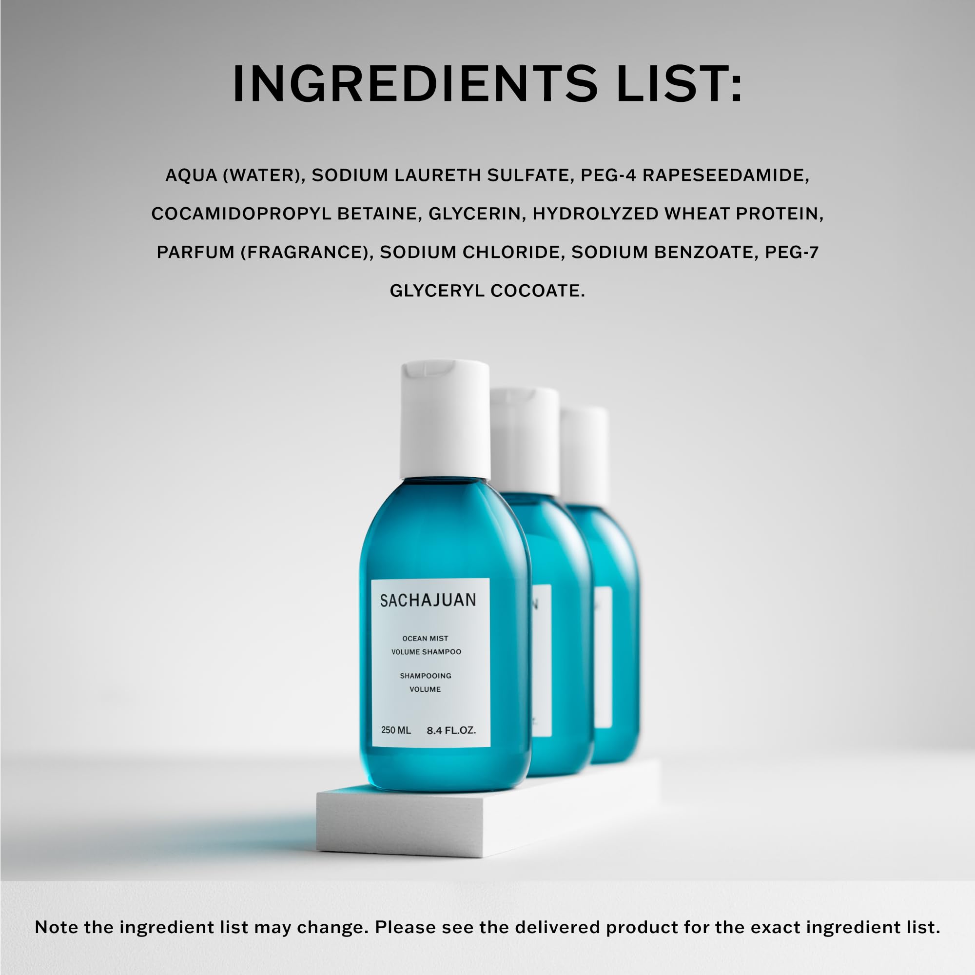 SACHAJUAN Ocean Mist Volume Shampoo bottle conveys vegan silicone-free formula.