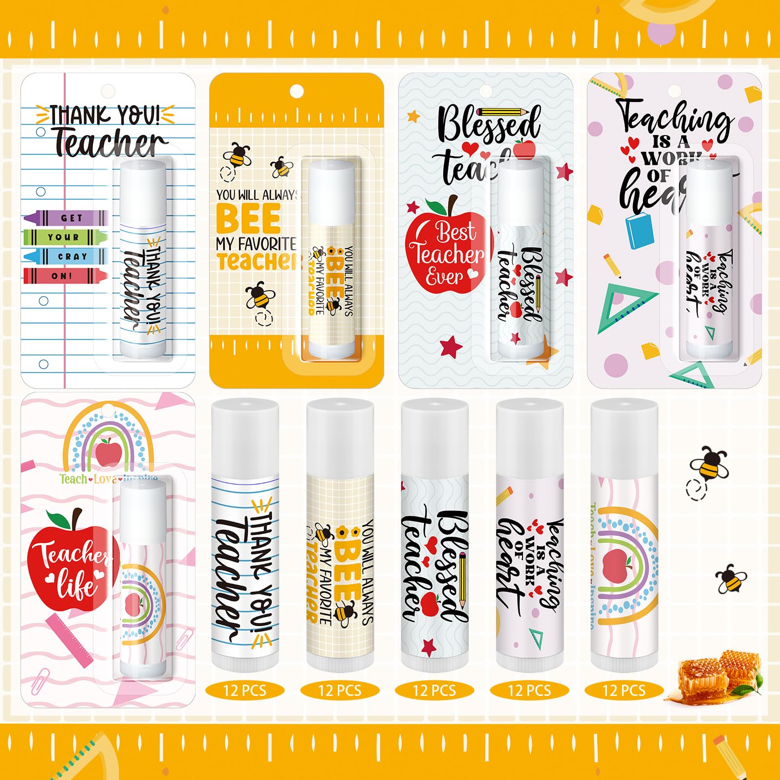 Sacubee honey-flavor lip balm with teacher-week design on desk.