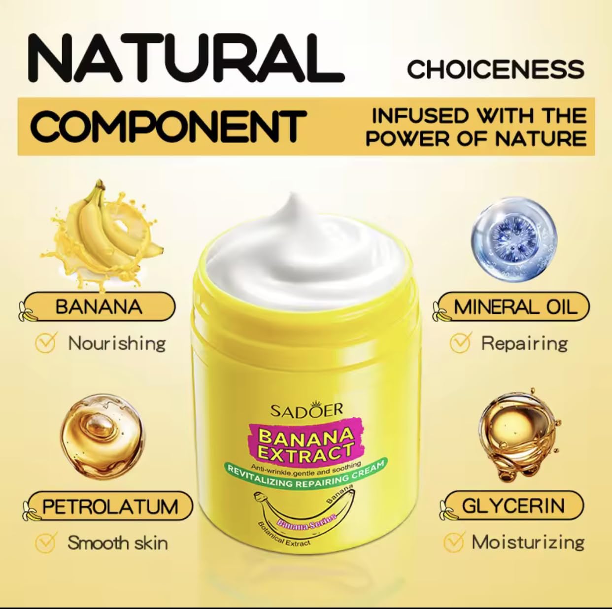 SADOER Banana Extract Daily-use Cream demonstrates dual moisturizing and repairing action.