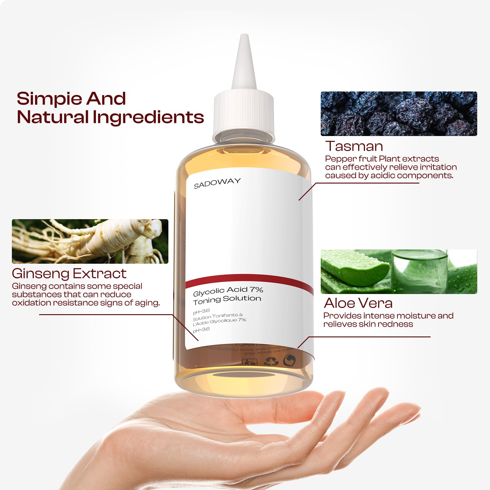 Bottle pour demonstrates easy, even distribution for application of SADOWAY Toner.