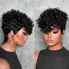 SAEIALL Curly Wave Short Pixie Wig on black cap for natural movement.