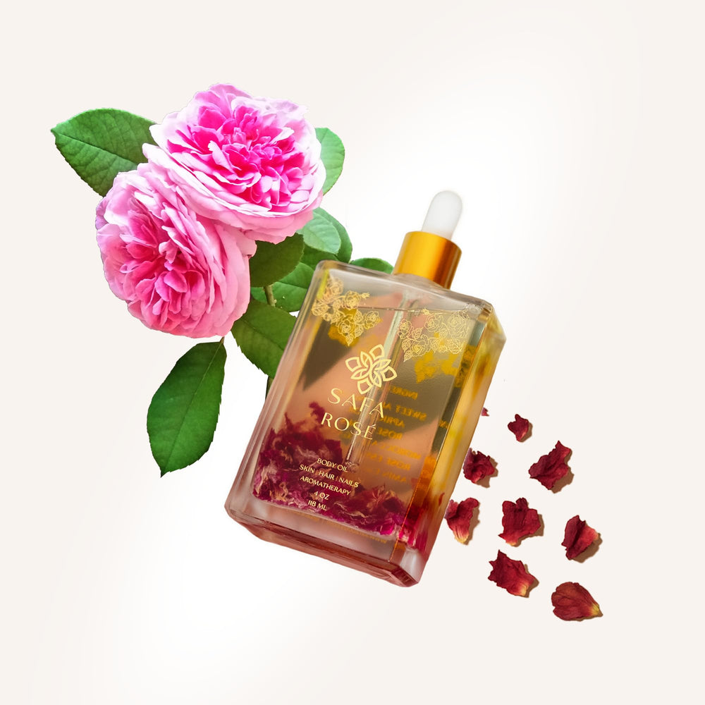 SAFA Rosé Oil packaging shown with instructions and box
