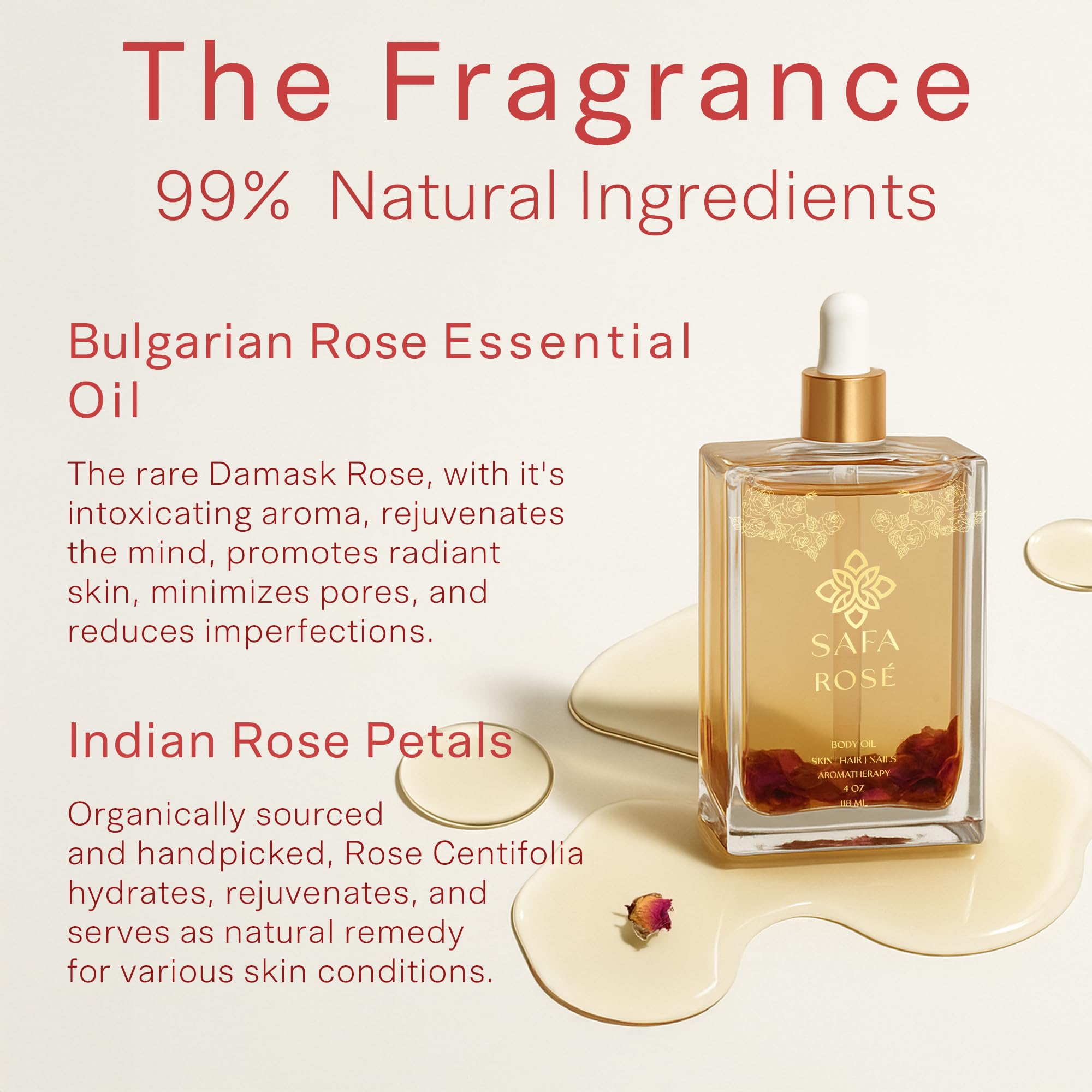 SAFA Rosé Oil with dried Indian rose petals infusion for luxurious skincare