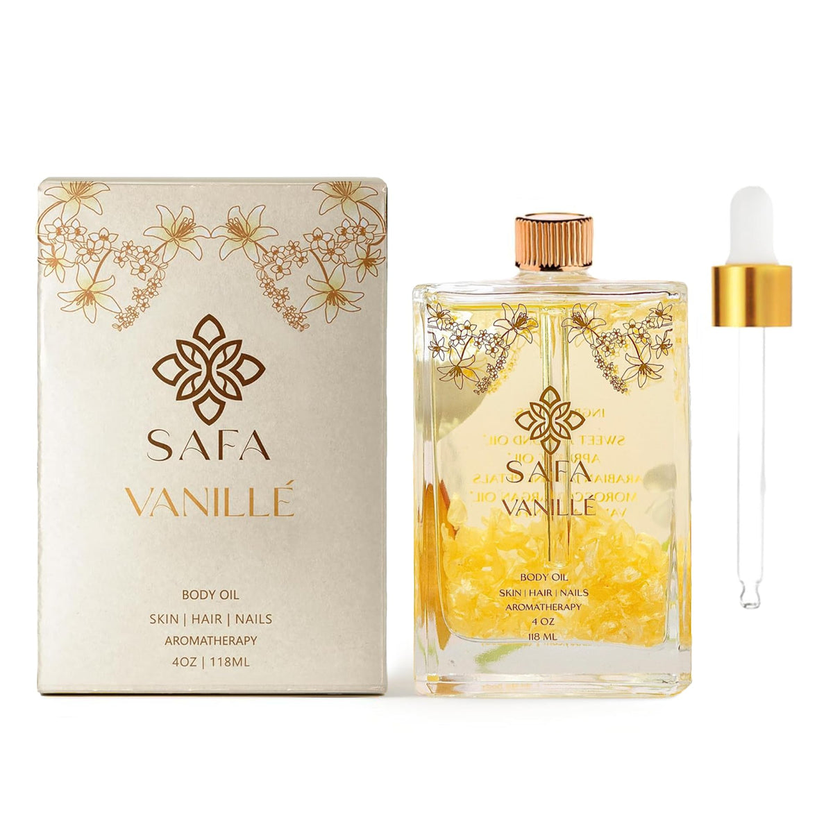 SAFA Vanillé Oil bottle pouring for lightweight facial and body hydration