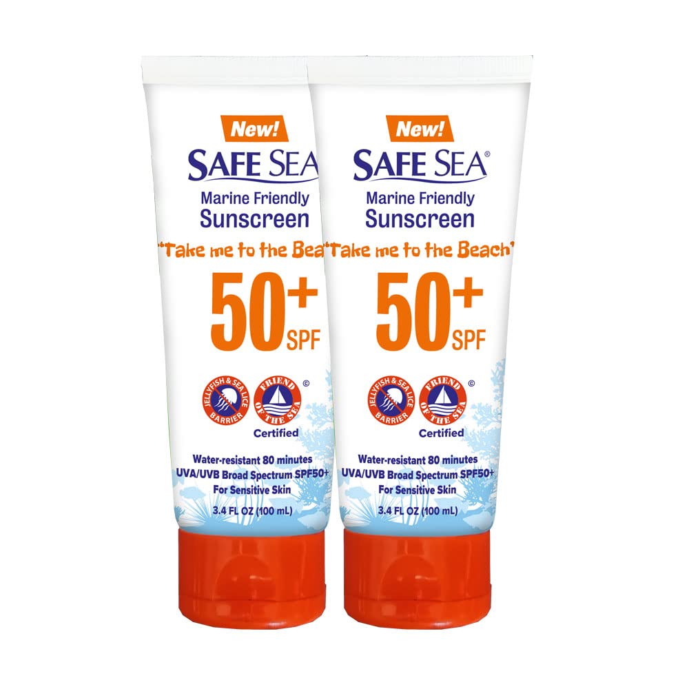 SAFE SEA bottle front view showing SPF 50+ protection for sunny days