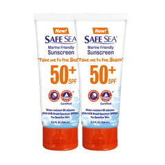 SAFE SEA bottle front view showing SPF 50+ protection for sunny days